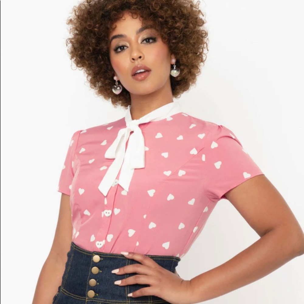 Unique Vintage Pink with White Hearts Self Tie Bow Button Up Blouse